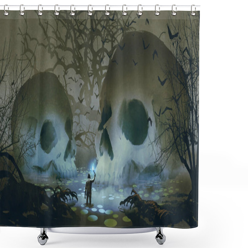 Personality  Man With A Magic Torch Walking In The Haunted Swamp, Digital Art Style, Illustration Painting Shower Curtains