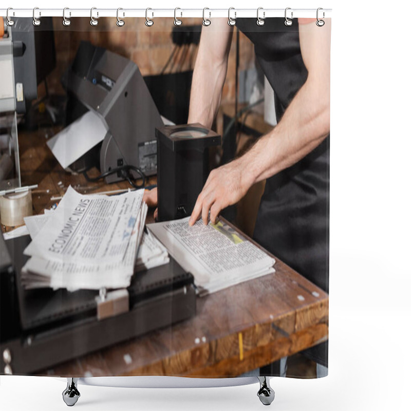 Personality  Partial View Of Man In Apron Checking Quality Of Newspaper Through Magnifying Glass In Print Center  Shower Curtains