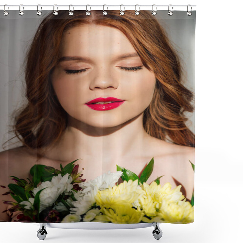 Personality  Beautiful Young Redhead Woman With Red Lips And Eyes Closed Posing With Flowers Shower Curtains