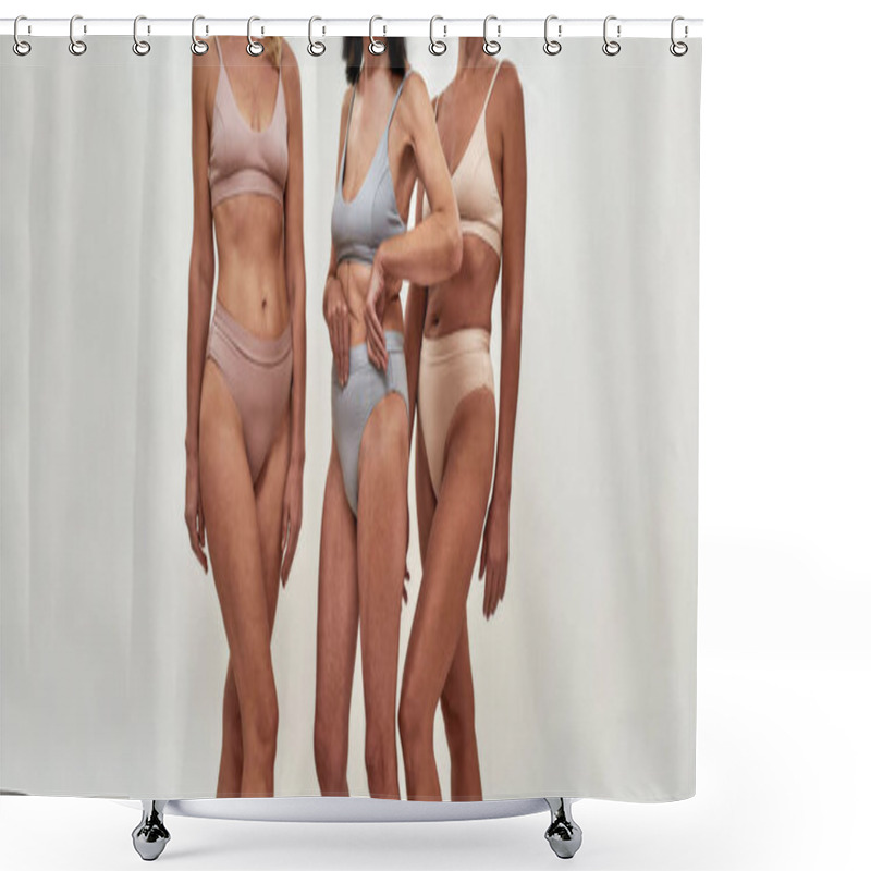 Personality  Body Positivity Concept. Cropped Shot Of Three Senior Women In Underwear Posing Half Naked In Studio Against Light Background Shower Curtains