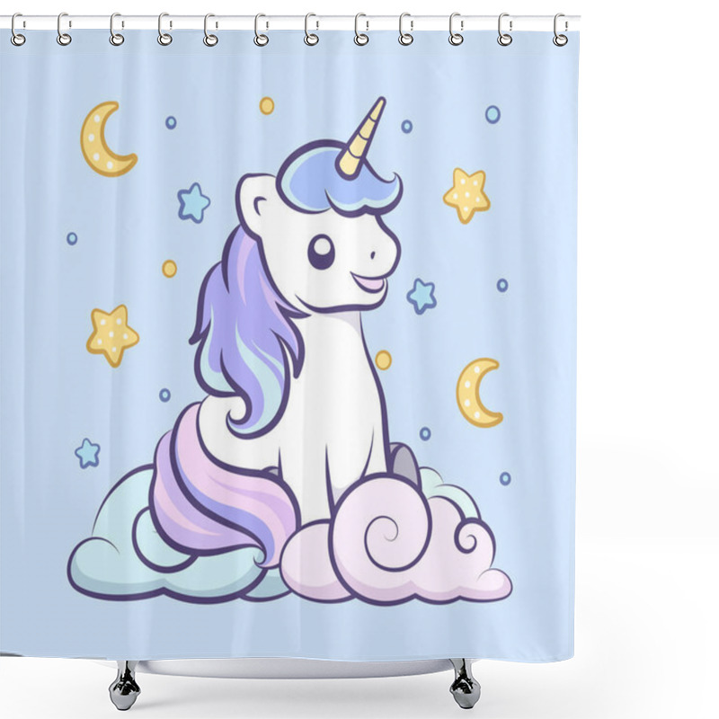 Personality  Cute Happy Unicorn Sitting In The Clouds Looking Up At The Night Sky Illustration Wall Art Card Print For Kids. Shower Curtains