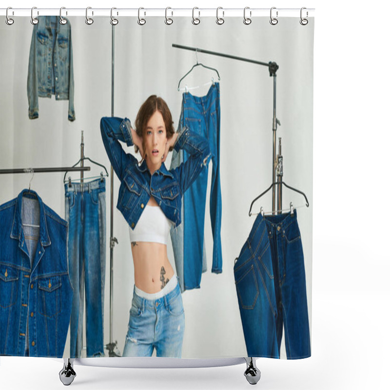 Personality  Young Woman With Tattoo Posing In Cropped Blue Jacket Among Denim Clothes On Grey Backdrop Shower Curtains