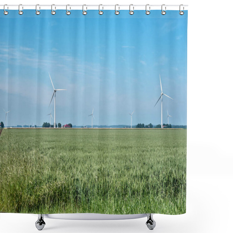 Personality  Flevo Polder, The Netherlands, June 28, 2021, Typical Dutch Landscape With Grain Field, Farmland, Farms And Windmills Or Windturbines In The Background. Growing Protest Against Windturbine,green Heart Shower Curtains