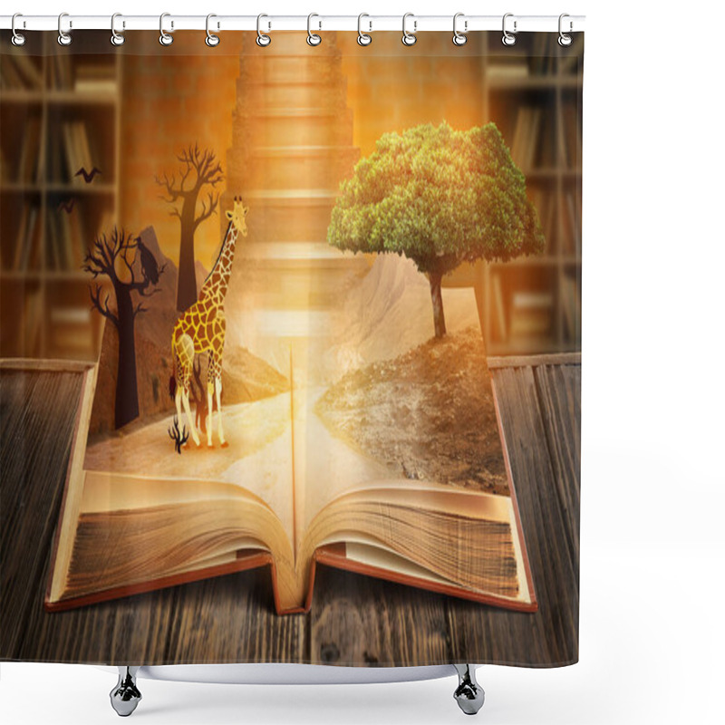 Personality  Open Magic Book With Growing Tree And Giraffe On Wooden Table In Library Shower Curtains