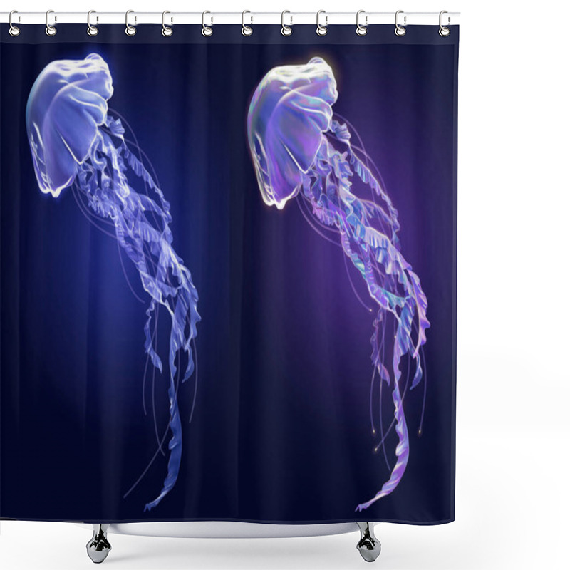 Personality  3d Jellyfish Or Sea Jelly Element Set, One With Blue Dreamy Light And The Other With Violet Neon Light. Shower Curtains