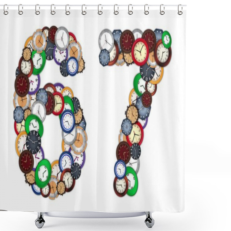 Personality  Numbers 6 And 7 Made Of Various Clocks Shower Curtains