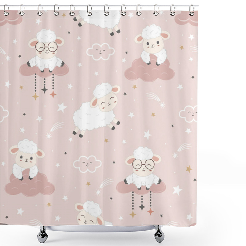 Personality  Kawaii Cute Seamless Pattern With Sheeps. Cartoon Animal Background. Design For Scrapbooking, Decoration, Cards, Textile, Paper Goods, Background, Wallpaper, Wrapping, Fabric And More Shower Curtains