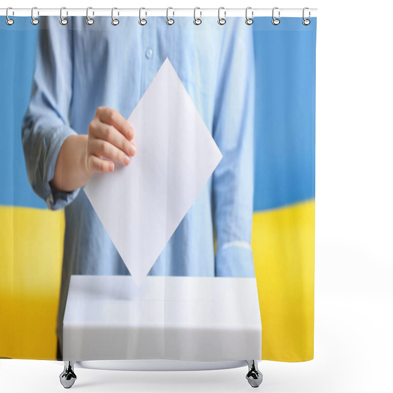 Personality  Woman Putting Voting Paper Into Ballot Box Against Ukrainian Flag, Closeup Shower Curtains