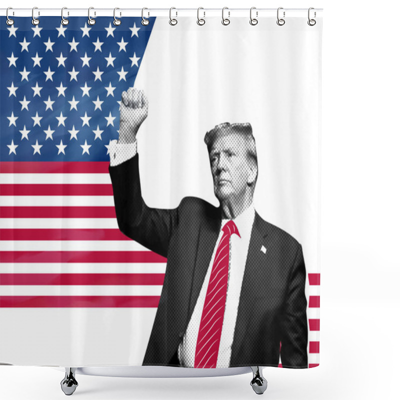 Personality  Donald Trump 47th President Of The USA. Illustrative Collage With Halftones. Shower Curtains