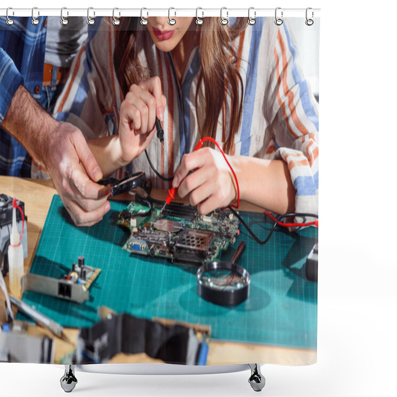 Personality  Team Of Engineers Working With Circuit Board And Multimeter Shower Curtains