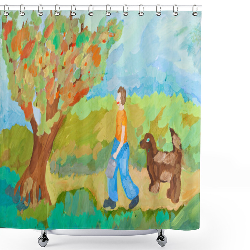 Personality  Children Drawing - Harvest In Apple Orchard Shower Curtains