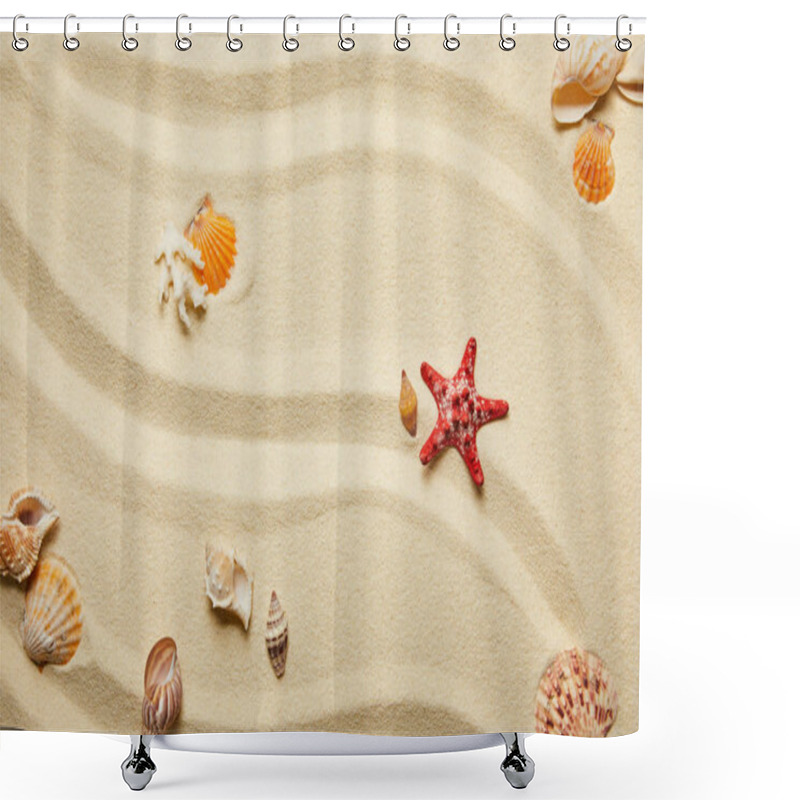 Personality  Top View Of Red Starfish And Seashells On Sandy Beach In Summertime Shower Curtains