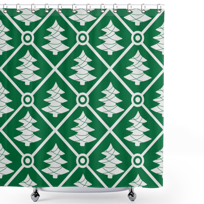 Personality   Vector Seamless Geometrical Pattern With White Christmas Trees On Green Background; Winter Design For Greeting Card, Gift Box, Wallpaper, Wrapping Paper, Web Design. Shower Curtains