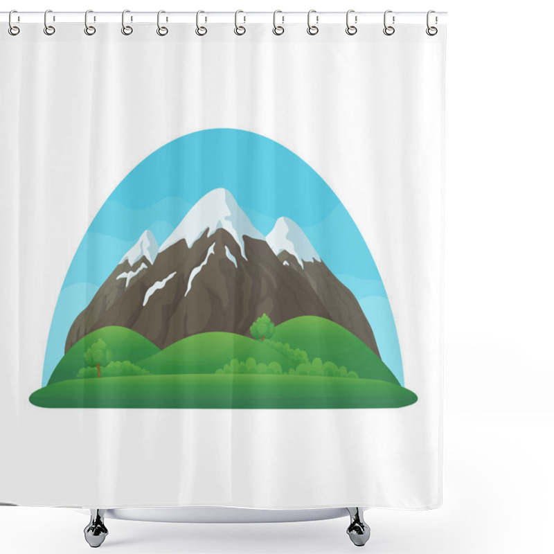 Personality  Summer, Spring Day Vector Icon. Three Snowy Mountains With Green Hills, Lush Green Trees And Bushes And Blue Sky On A White Background. Shower Curtains