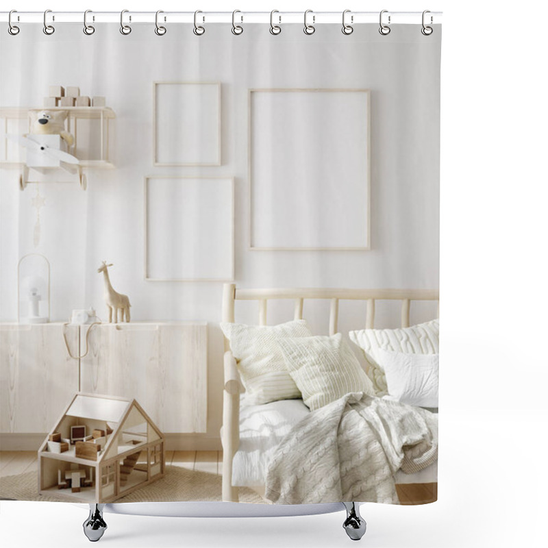 Personality  Mock Up Frame In Children Room With Natural Wooden Furniture, Scandinavian Style Interior Background, 3D Render Shower Curtains