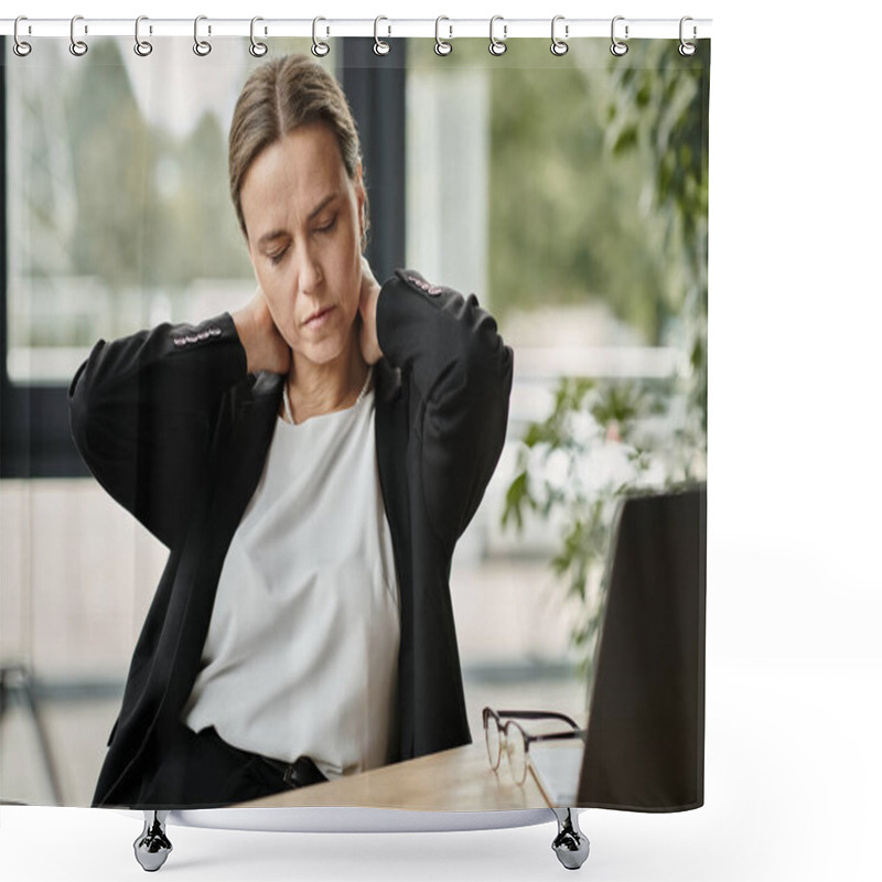 Personality  Middle-aged Woman With Neck Pain, Stressed, Sitting In Front Of Laptop. Shower Curtains