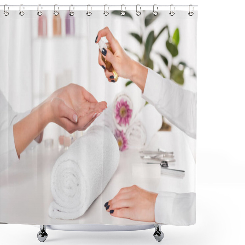 Personality  Cropped Shot Of Manicurist Spraying Aroma Oil On Hands Of Woman At Table With Flowers And Towels In Beauty Salon  Shower Curtains