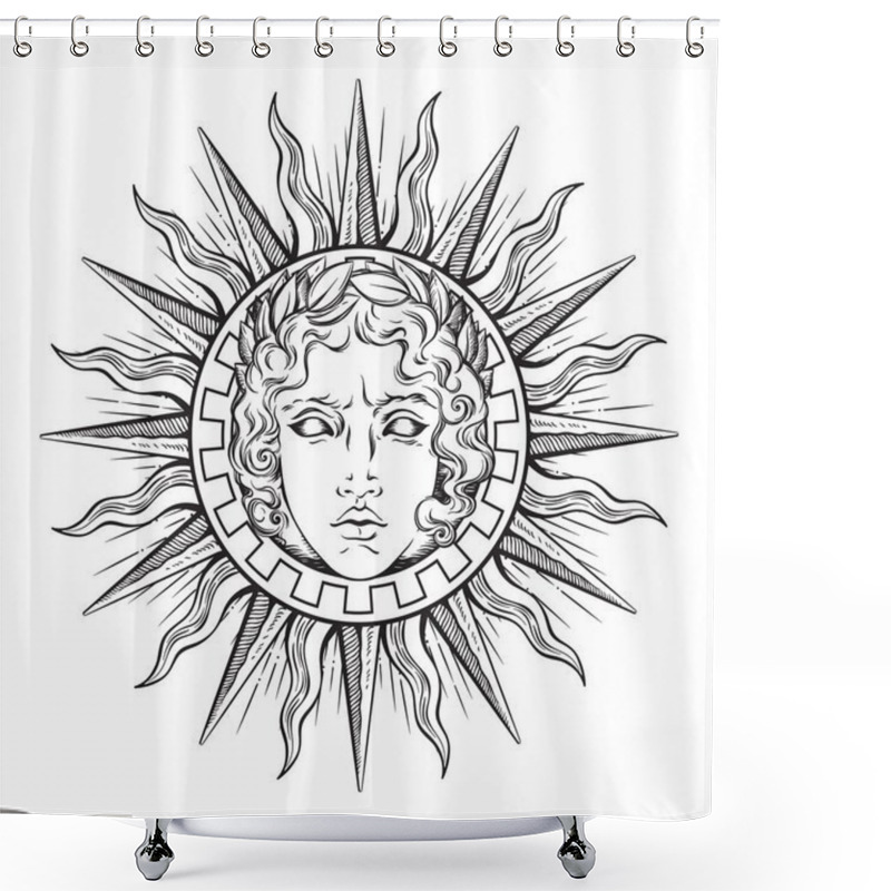 Personality  Hand Drawn Antique Style Sun With Face Of The Greek And Roman God Apollo. Flash Tattoo Or Print Design Vector Illustration Shower Curtains