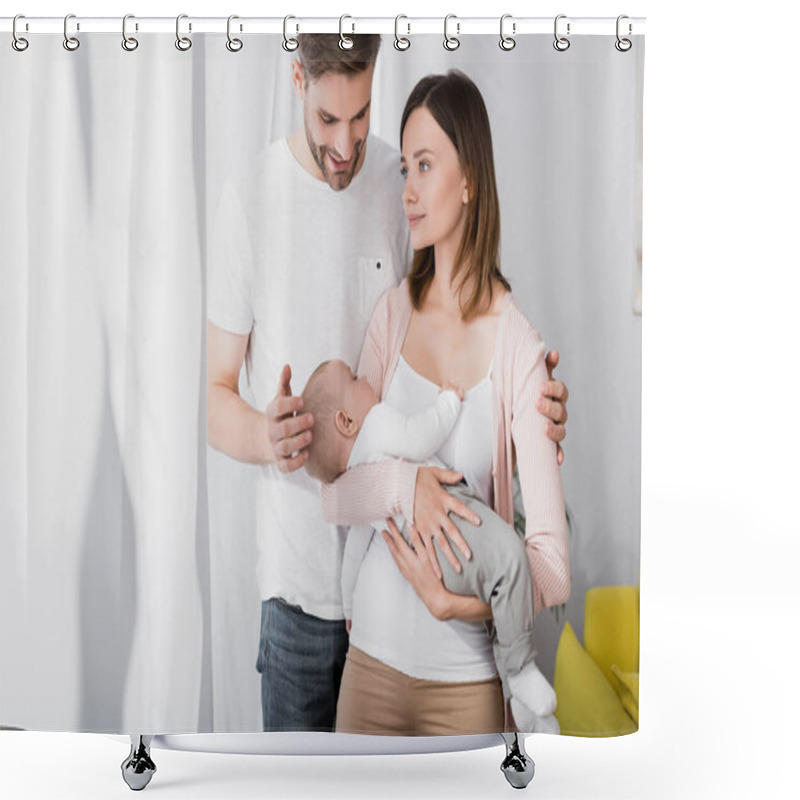 Personality  Caring Woman Holding In Arms Infant Boy Near Husband  Shower Curtains