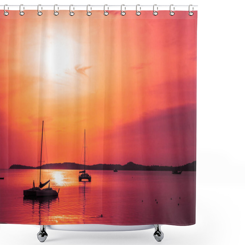 Personality  Beautiful Tropical Sea And Ocean With Sailboat Or Yatch At Sunrise Time Shower Curtains