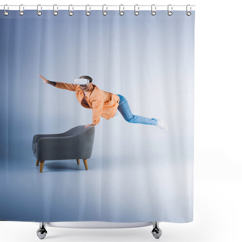 Personality  A Man In A VR Headset Performs A Gravity-defying Trick On A Chair In A Futuristic Studio Setting. Shower Curtains