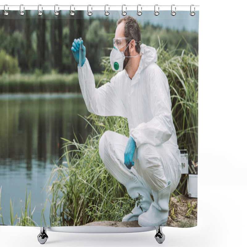 Personality  Side View Of Male Scientist In Protective Suit Examining Sample Of Water In Test Flask Outdoors  Shower Curtains