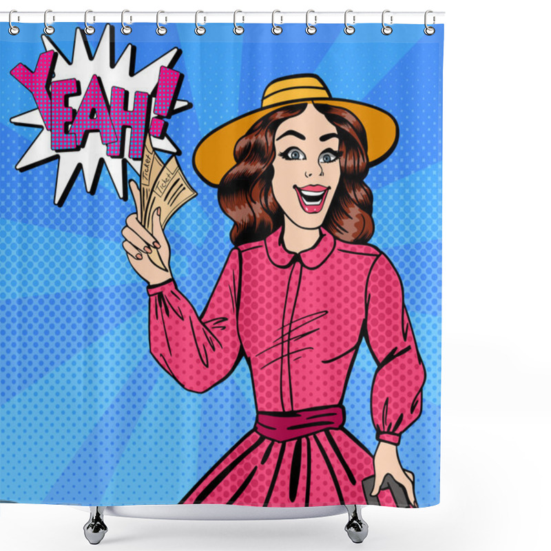 Personality  Pin Up Girl. Beautiful Woman With Tickets. Time To Travel. Pop Art. Vector Illustration Shower Curtains