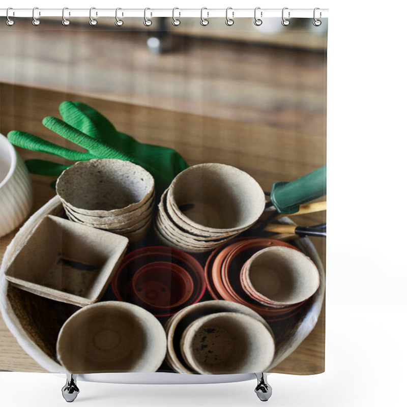 Personality  Collection Of Clay Pots Placed On Table. Shower Curtains