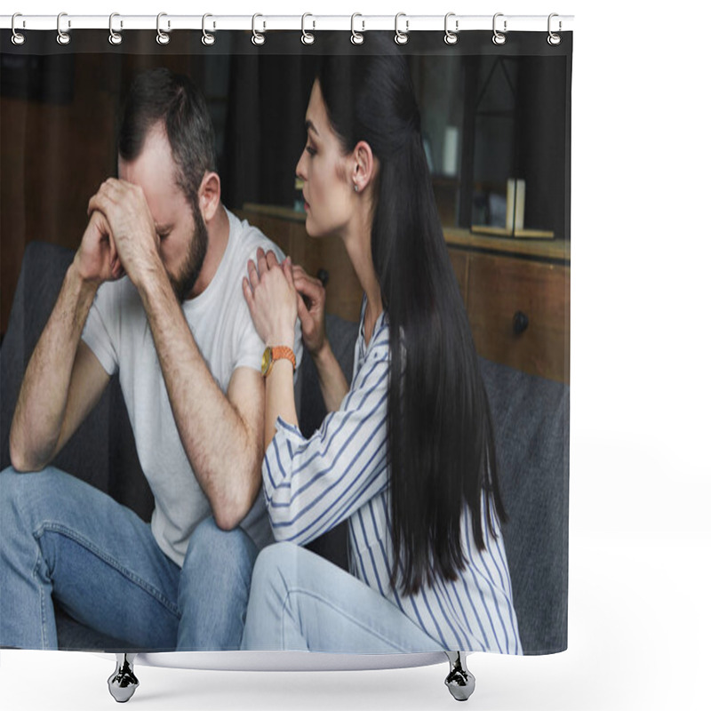 Personality  Young Wife Asking Forgiveness From Husband After Quarrel At Home Shower Curtains