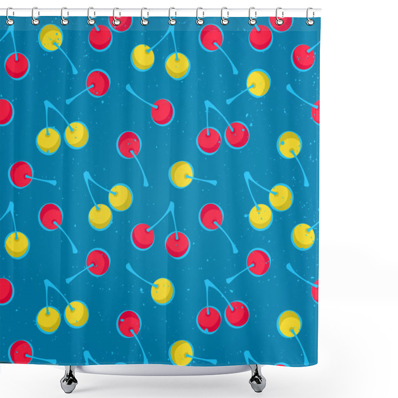 Personality  Seamless Pattern With Ripe Cherries Symbols Over Blue Background. Vector Textile Print Ornament. Fashion, Grunge Wallpaper Cool Design. Abstract, Colorful Fruits Ornament Patterns Shower Curtains