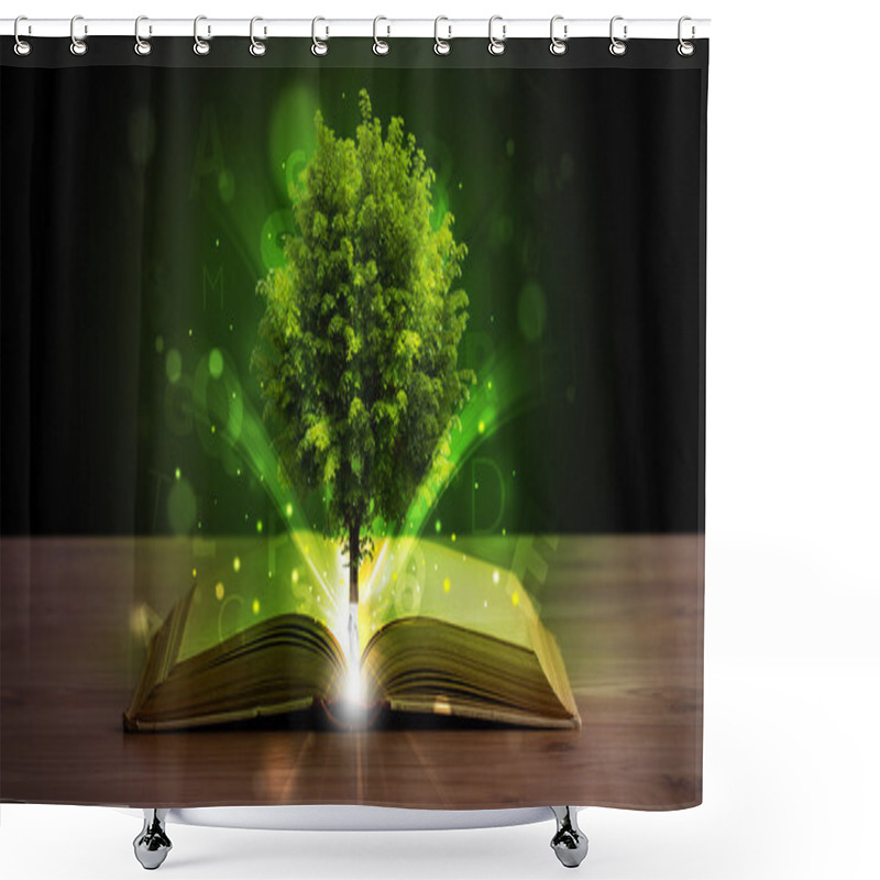 Personality  Open Book With Magical Green Tree And Rays Of Light Shower Curtains