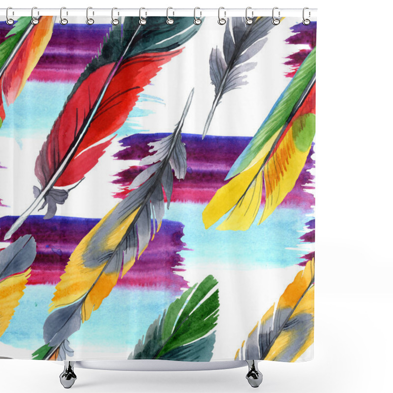 Personality  Colorful Bird Feather From Wing Isolated. Watercolour Drawing Fashion Aquarelle. Fabric Wallpaper Print Texture. Shower Curtains