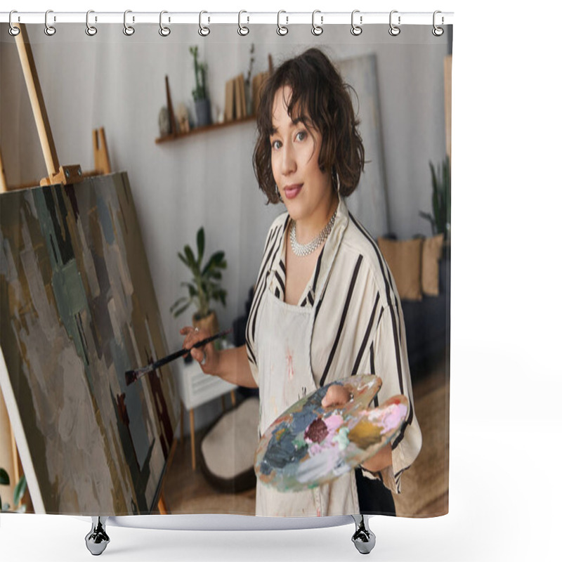 Personality  A Talented Young Woman With Curly Hair Paints In Her Bright, Modern Apartment Using Natural Light. Shower Curtains