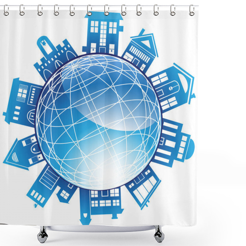 Personality  3D Globe With Surrounding Buildings Shower Curtains