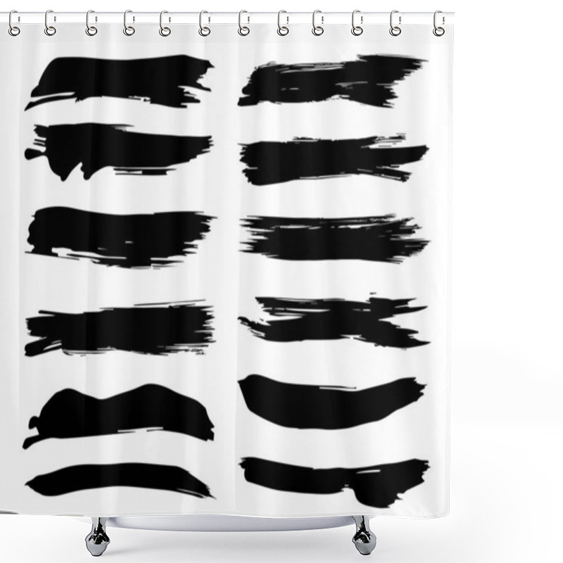 Personality  Collection Of Artistic Grungy Black Paint Hand Made Creative Brush Stroke Set Isolated On White Background. A Group Of Abstract Grunge Sketches For Design Education Or Graphic Art Decoration Shower Curtains