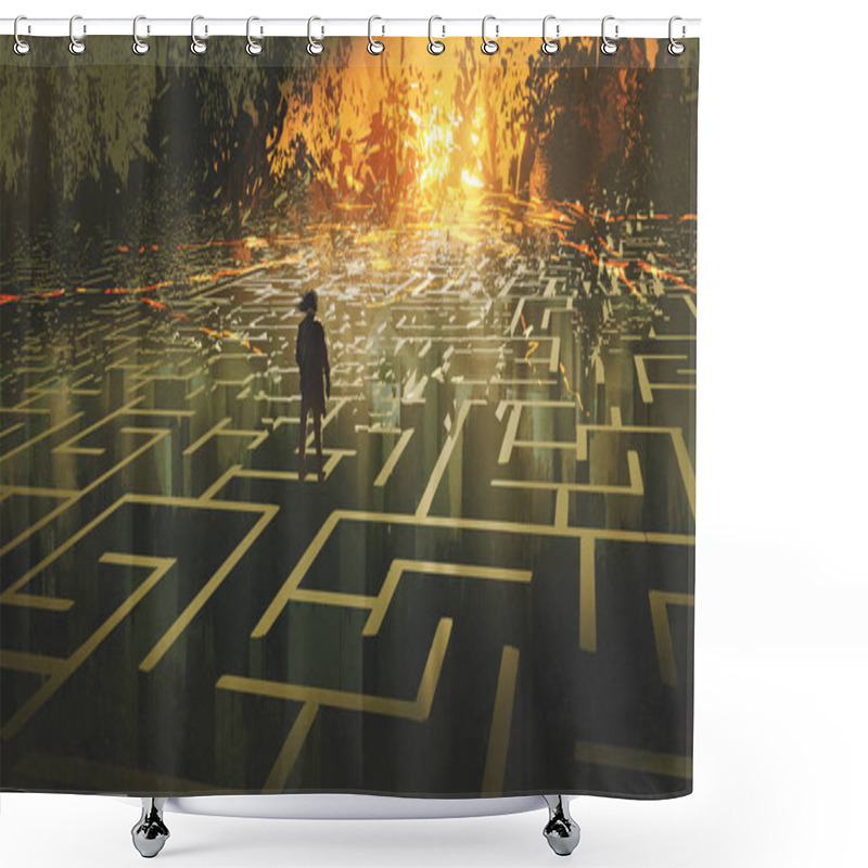 Personality  Destroyed Maze Concept Showing The Man Standing In A Burnt Labyrinth Land, Digital Art Style, Illustration Painting Shower Curtains