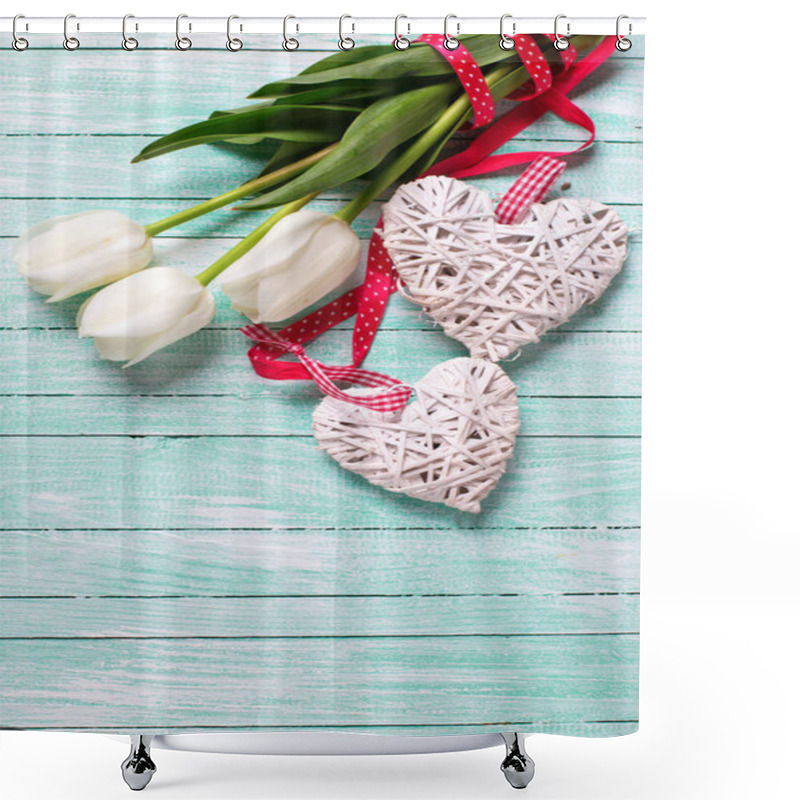 Personality  Bunch Of Tulips Flowers And  Two Decorative Hearts Shower Curtains