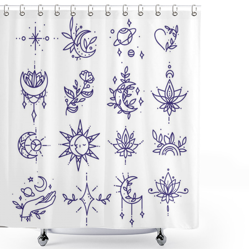 Personality  Set Of Tattoo In Minimalism. Thin Line Shapes Collection Of Space And Nature Symbols Shower Curtains