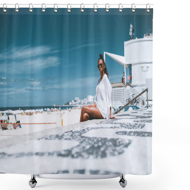 Personality  Black Young Female In Sunglasses Near Beach Shower Curtains