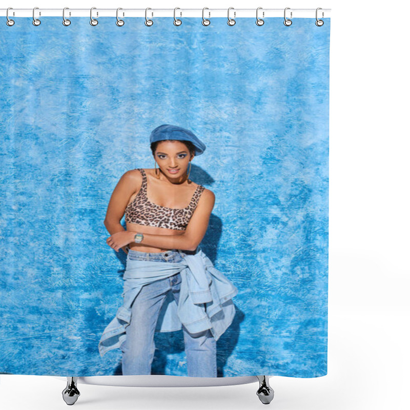 Personality  Trendy Young African American Woman In Beret, Smiling At Camera While Posing In Top With Leopard Pattern And Jeans While Standing On Blue Textured Background, Stylish Denim Attire Shower Curtains