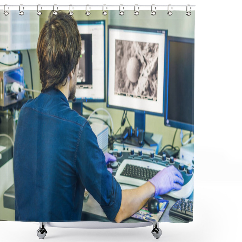 Personality  Scientist Works At A Electron Microscope Shower Curtains