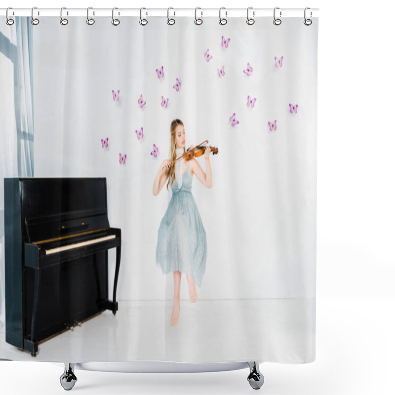 Personality  Floating Girl In Blue Dress Playing Violin On White Background With Purple Butterflies Shower Curtains