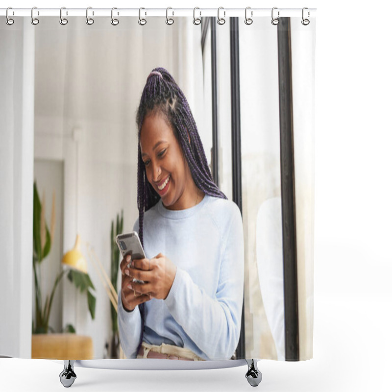 Personality  Young African American Woman Using A Smart Phone At Home, Near The Window. Concept Of Youth And Online Communication. Shower Curtains