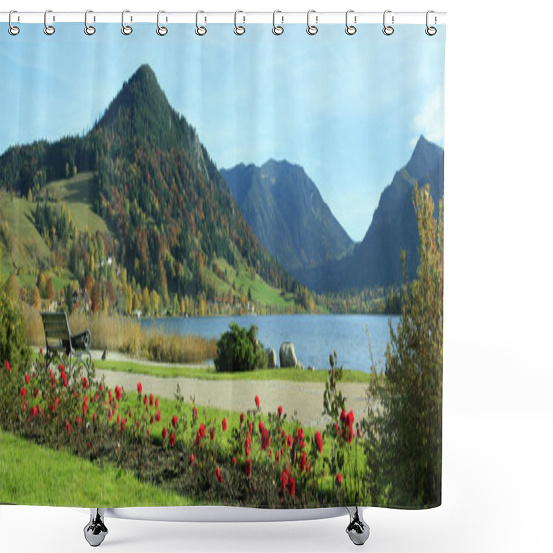 Personality  Picturesque Lakeside Promenade, Lake Schliersee, With Benches Shower Curtains