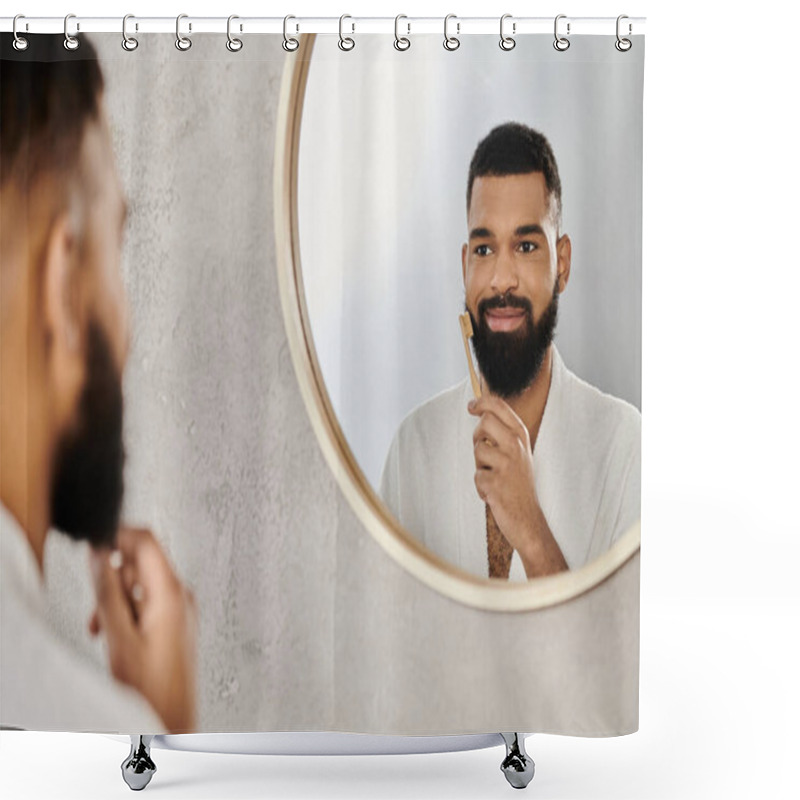 Personality  A Man With A Beard Enjoys Grooming Himself In A Comfortable Setting. Shower Curtains