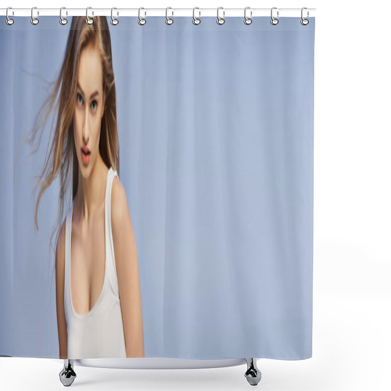 Personality  A Beautiful Young Blonde Woman In A White Tank Top Holding A Tennis Racquet In A Studio Setting. Shower Curtains