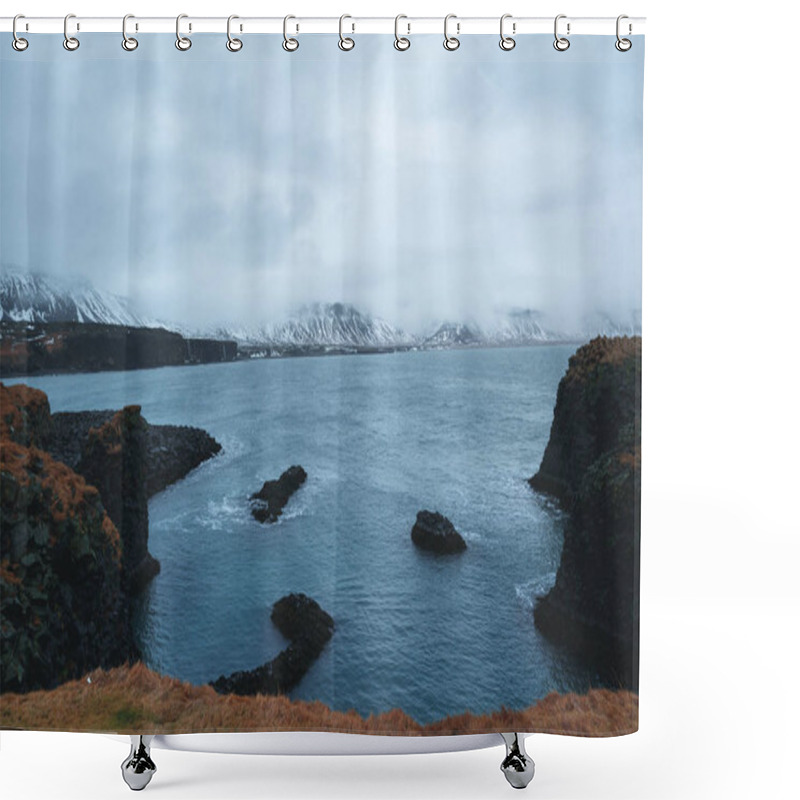 Personality  Majestic Landscape With Scenic Fjord And Rocky Mountains In Snow, Iceland  Shower Curtains