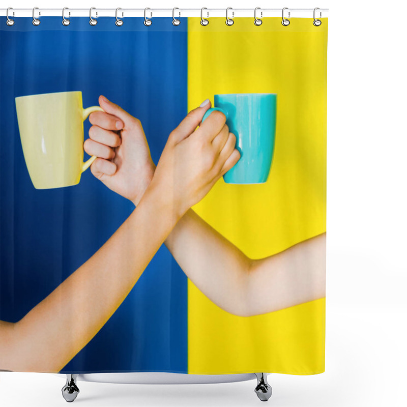 Personality  Cropped View Of Female Hands With Cups On Blue And Yellow Background Shower Curtains