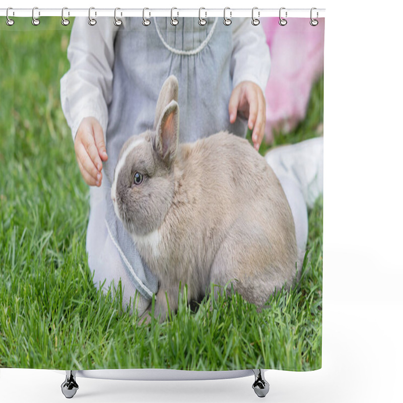 Personality  Children Play With Real Rabbit. Laughing Child At Easter Egg Hunt With Pet Bunny. Shower Curtains