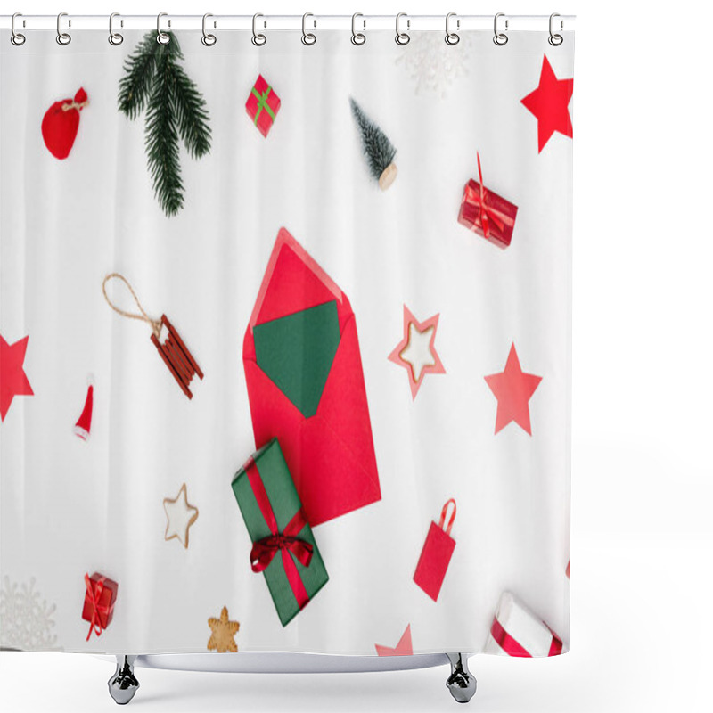 Personality  Top View Of Red Envelope With Card Near Christmas Baubles On White Background Shower Curtains